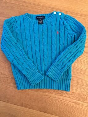 Polo Ralph Lauren 5T Teal Cable Knit Sweater with Logo Detail